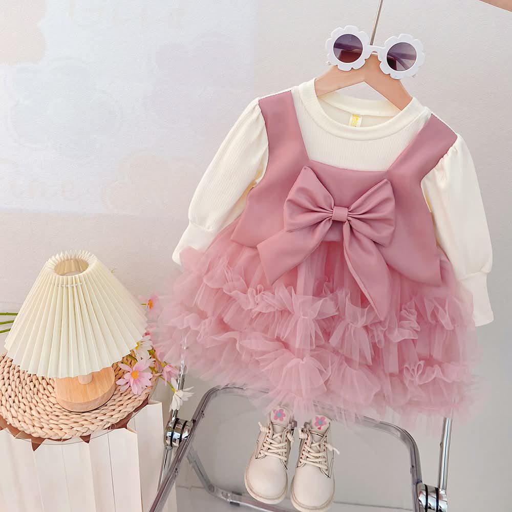 Girls Bow Tulle Party Dress with Long Sleeve Top - Image 3