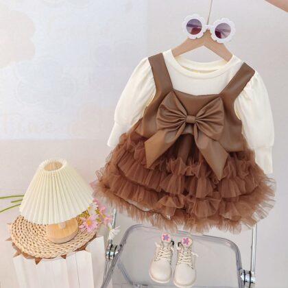 Girls Bow Tulle Party Dress with Long Sleeve Top
