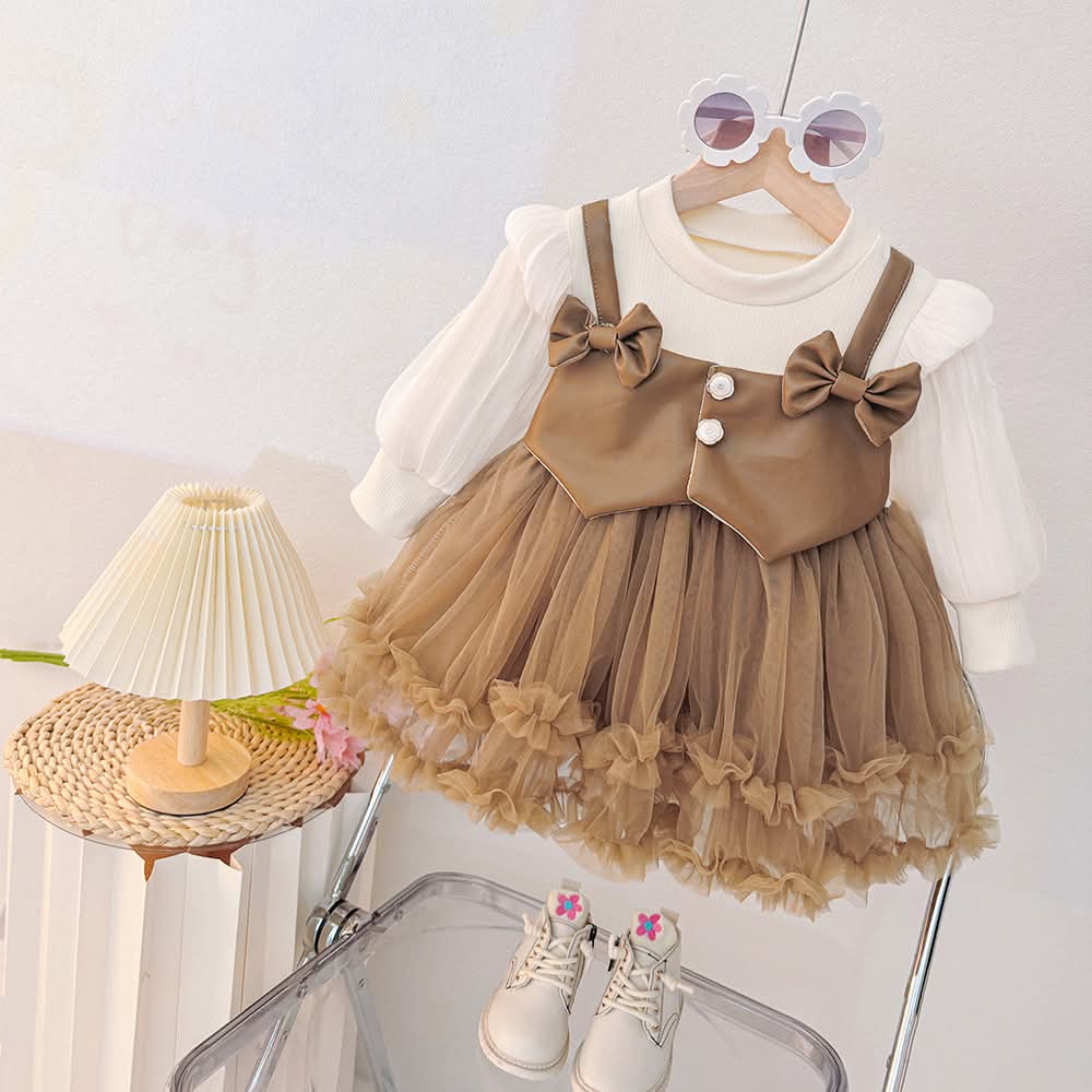 Girls Bow Tulle Party Dress with Long Sleeve Top - Image 2