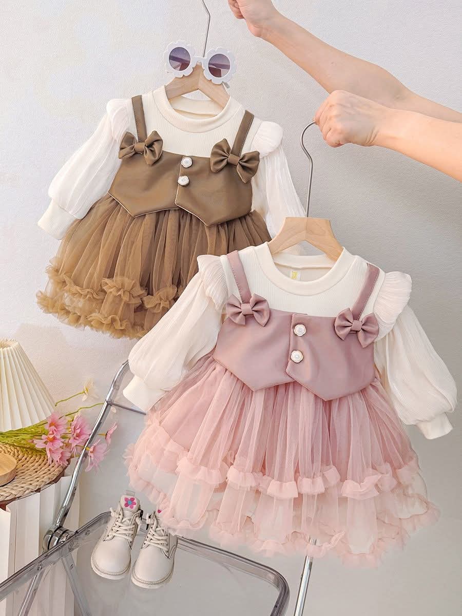 Girls Bow Tulle Party Dress with Long Sleeve Top