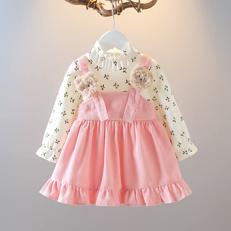 Girls Floral Printed Corduroy Suspender Dress Set - Image 2