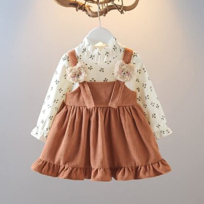 Girls Floral Printed Corduroy Suspender Dress Set