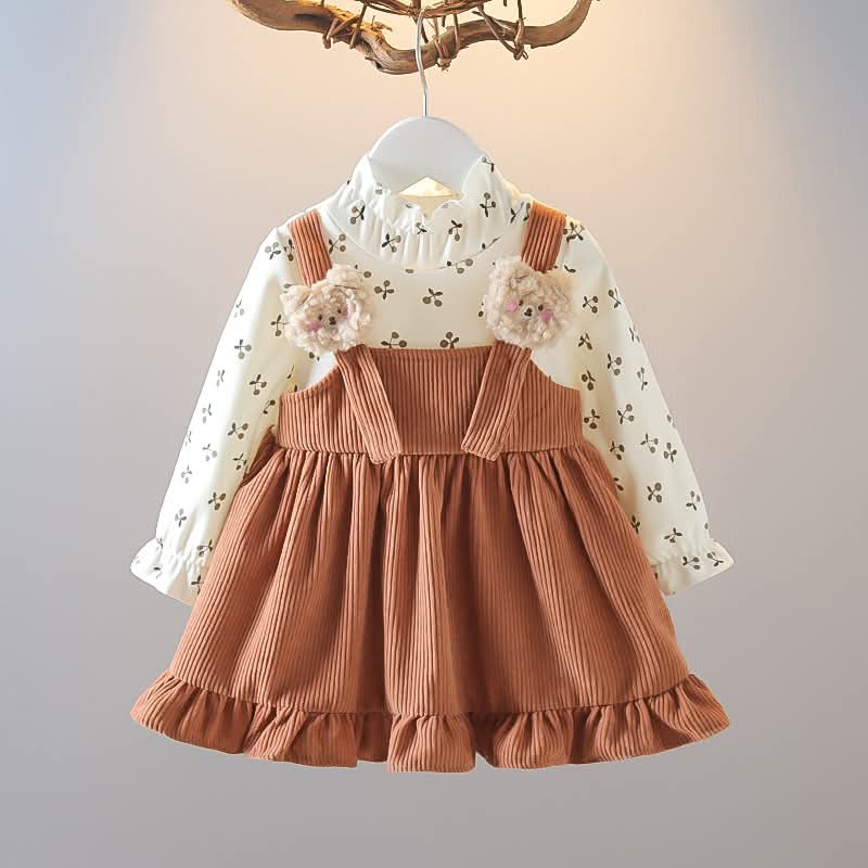 Girls Floral Printed Corduroy Suspender Dress Set