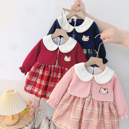 Girls Cute Collar Plaid Dress with Kitty Patch