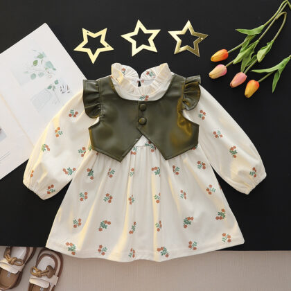 Girls Floral Printed Dress with Faux Leather Ruffle Vest