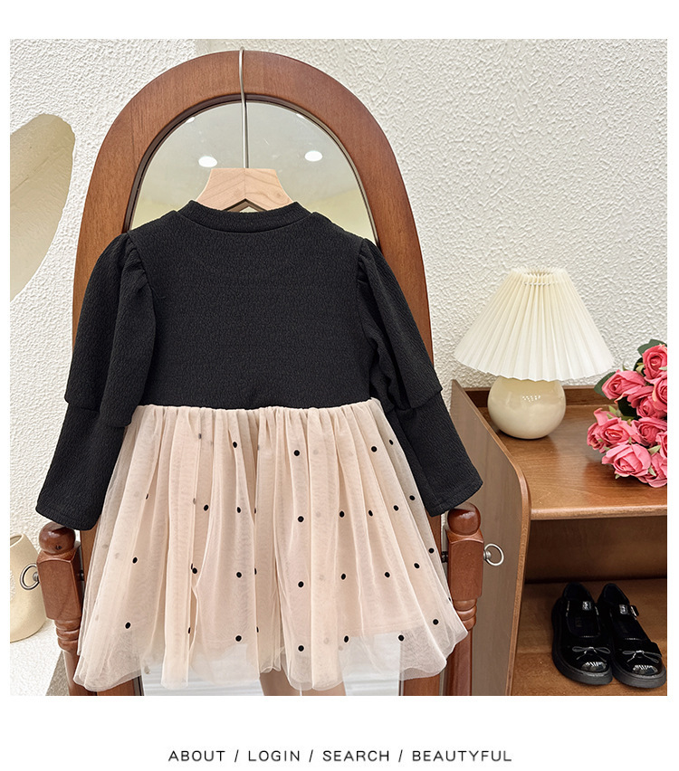 Girls Black & Beige Bow Tulle Dress - Image 3