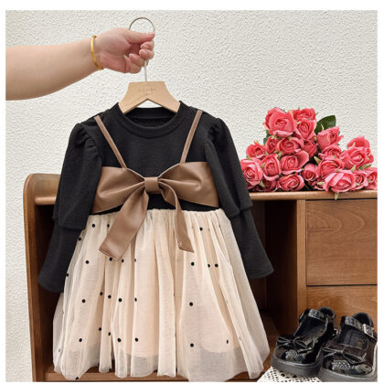 Girls Black & Beige Bow Tulle Dress