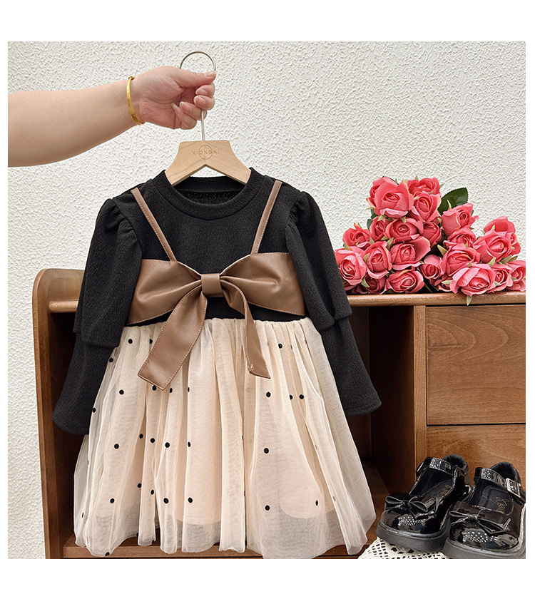 Girls Black & Beige Bow Tulle Dress