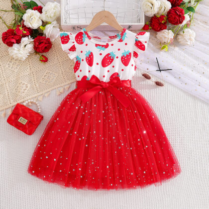 Girls Strawberry Print Party Dress