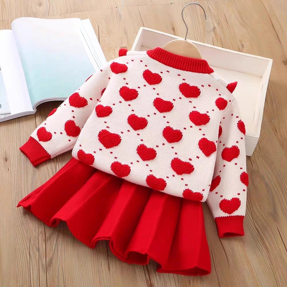 Girls Heart Printed Knitted Dress with Peter Pan Collar - Image 4