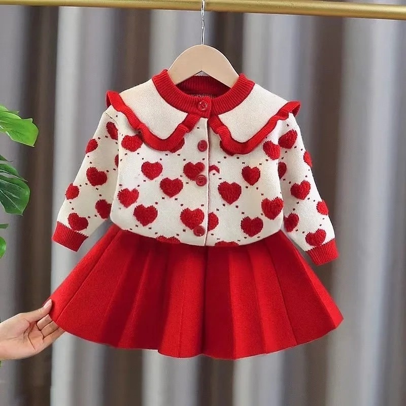 Girls Heart Printed Knitted Dress with Peter Pan Collar