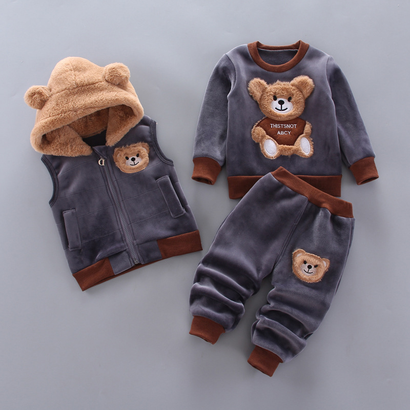 Kids Teddy Bear 3-Piece Winter Tracksuit Set with Fleece Vest & Hat