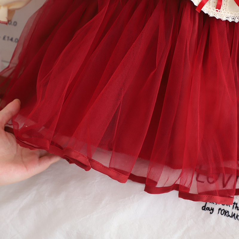 Girls Red Elegant Tulle Party Dress with Lace Cardigan - Image 4
