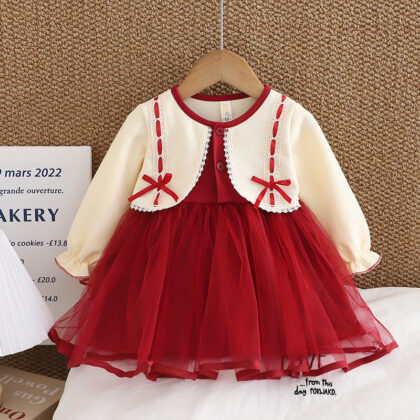 Girls Red Elegant Tulle Party Dress with Lace Cardigan